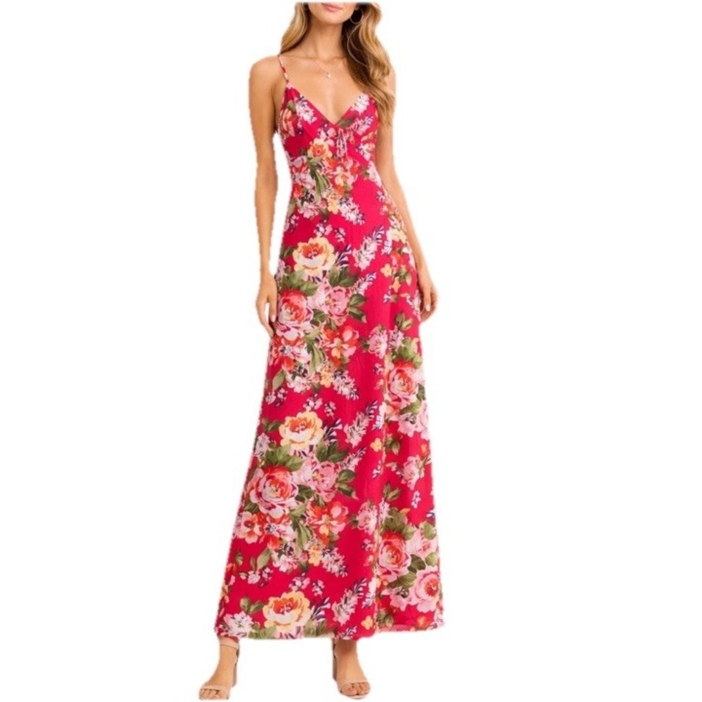 90s Xhilaration Floral Maxi Dress Sz S Red Plunging V Neck Spaghetti Straps Boho